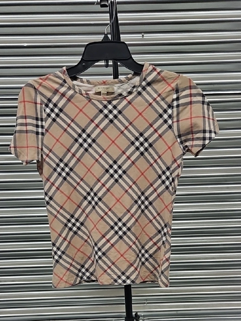 Burberry Beige Plaid Short Sleeve Top with Black and Red Accents